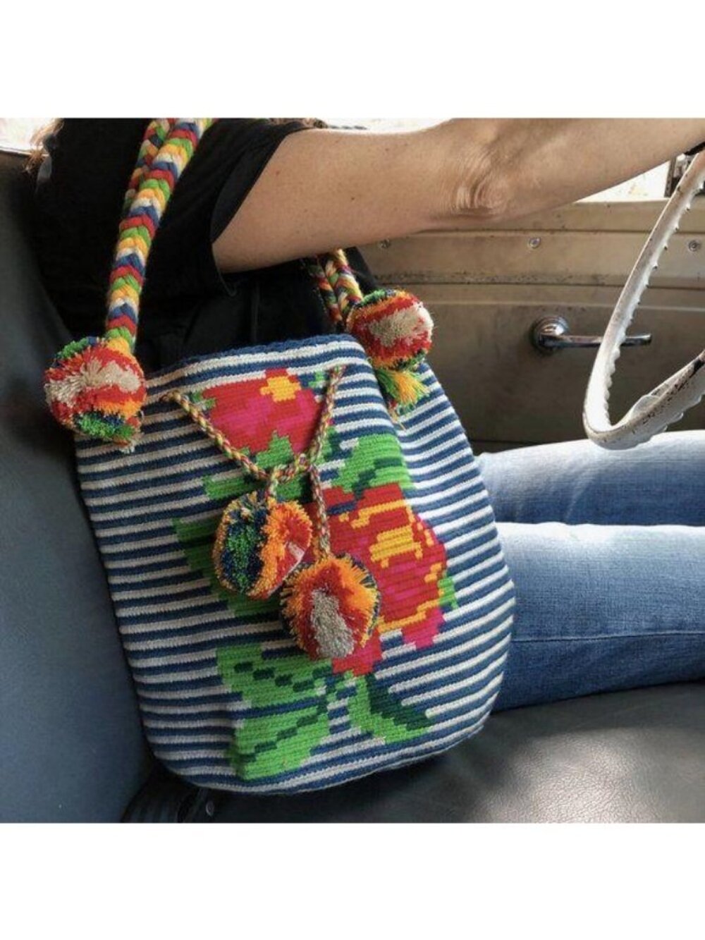 Wayuu Striped Rose Braided Handle Tote Bag Colombi